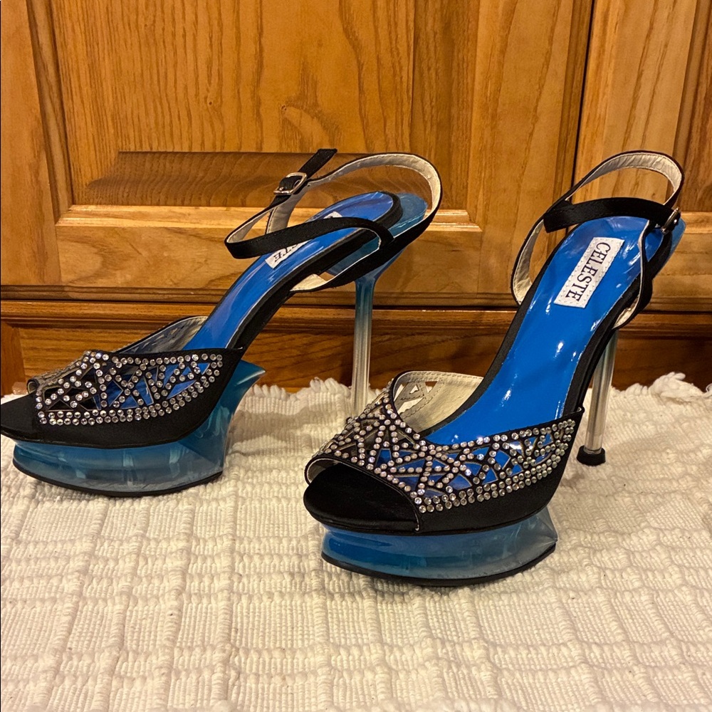 New Size 7.5 Celeste Blue Translucent 5" Platform Stilettos with Bling (ABBA)